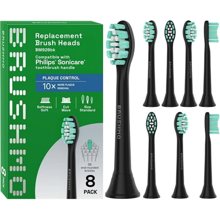 Brushmo Plaque Control Replacement Toothbrush Heads Compatible with Philips Sonicare Click-On Handles, Soft DuPont Bristles, BM928blk, 8-Pack, Black