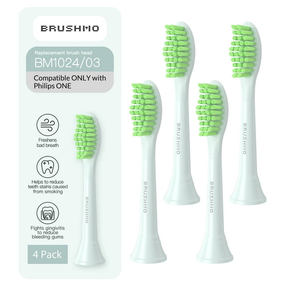 Brushmo One Replacement Toothbrush Heads with Tongue Cleaner Compatible Only with Philips ONE by Sonicare, Soft DuPont Bristles, 4-Pack, Mint Light Blue