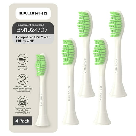 Brushmo One Replacement Toothbrush Heads with Tongue Cleaner Compatible Only with Philips ONE by Sonicare, Soft DuPont Bristles, 4-Pack, Snow White