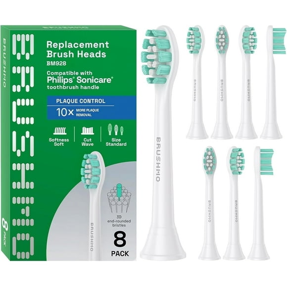 Brushmo Plaque Control Replacement Toothbrush Heads Compatible with Philips Sonicare Click-On Handles, Soft DuPont Bristles, BM928, 8-Pack, White