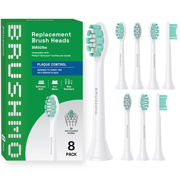Brushmo Plaque Control Replacement Toothbrush Heads Compatible with Philips Sonicare Click-On Handles, Soft DuPont Bristles, BM928, 8-Pack, White
