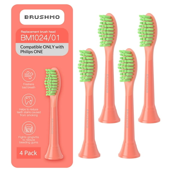 Brushmo One Replacement Toothbrush Heads with Tongue Cleaner Compatible Only with Philips ONE by Sonicare, Soft DuPont Bristles, 4-Pack, Miami Coral