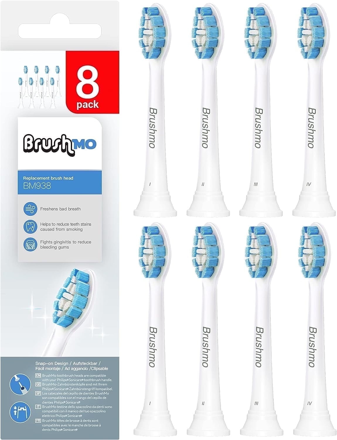 Brushmo Optimal Gum Care Standard Replacement Toothbrush Heads, Compatible with Philips Sonicare Click-On Handles, Ultra Soft DuPont Bristles, BM938, 8 Pack, White