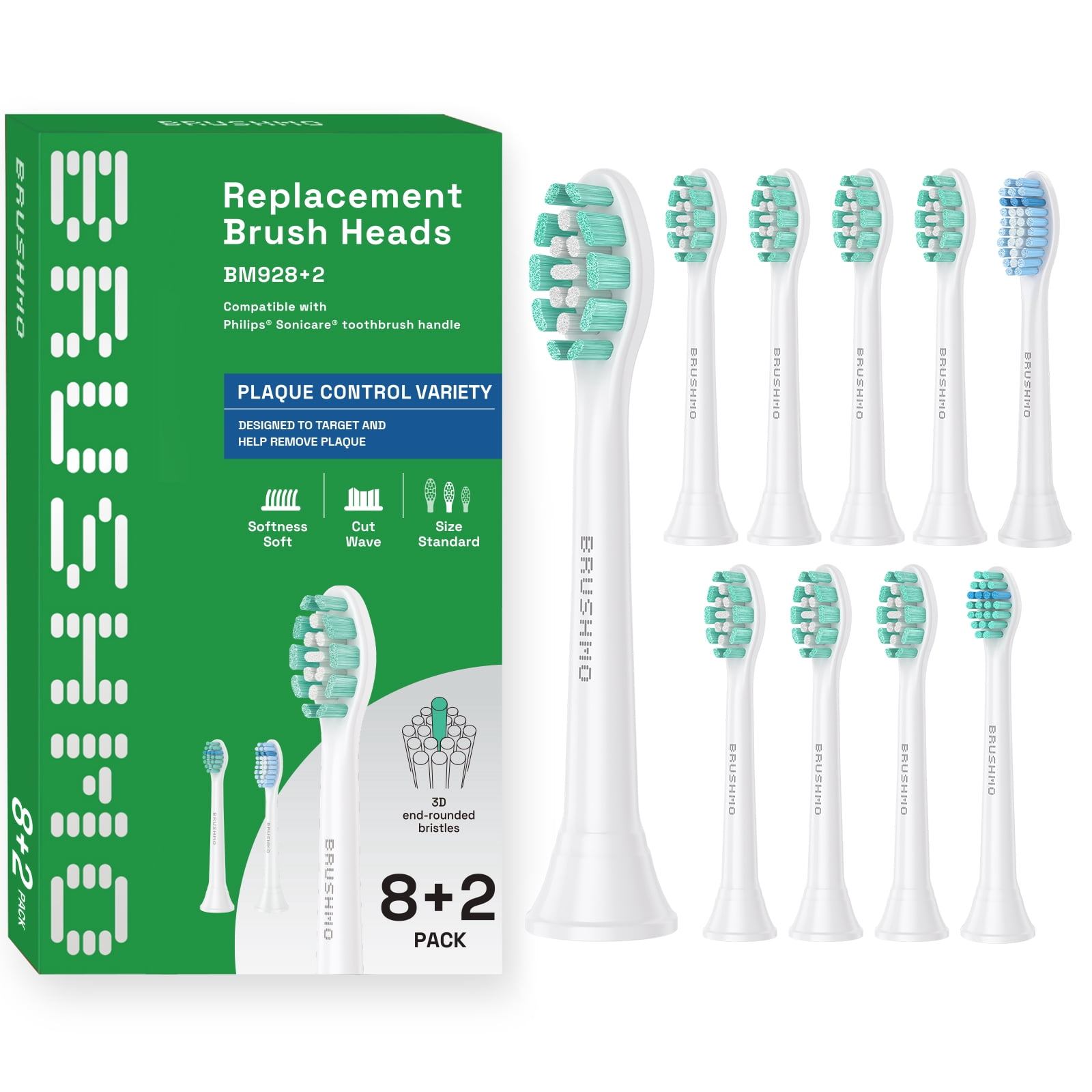 Brushmo Variety Replacement Toothbrush Heads Compatible with Philips Sonicare Click-on Handles, BM928+2, 10-Pack, White