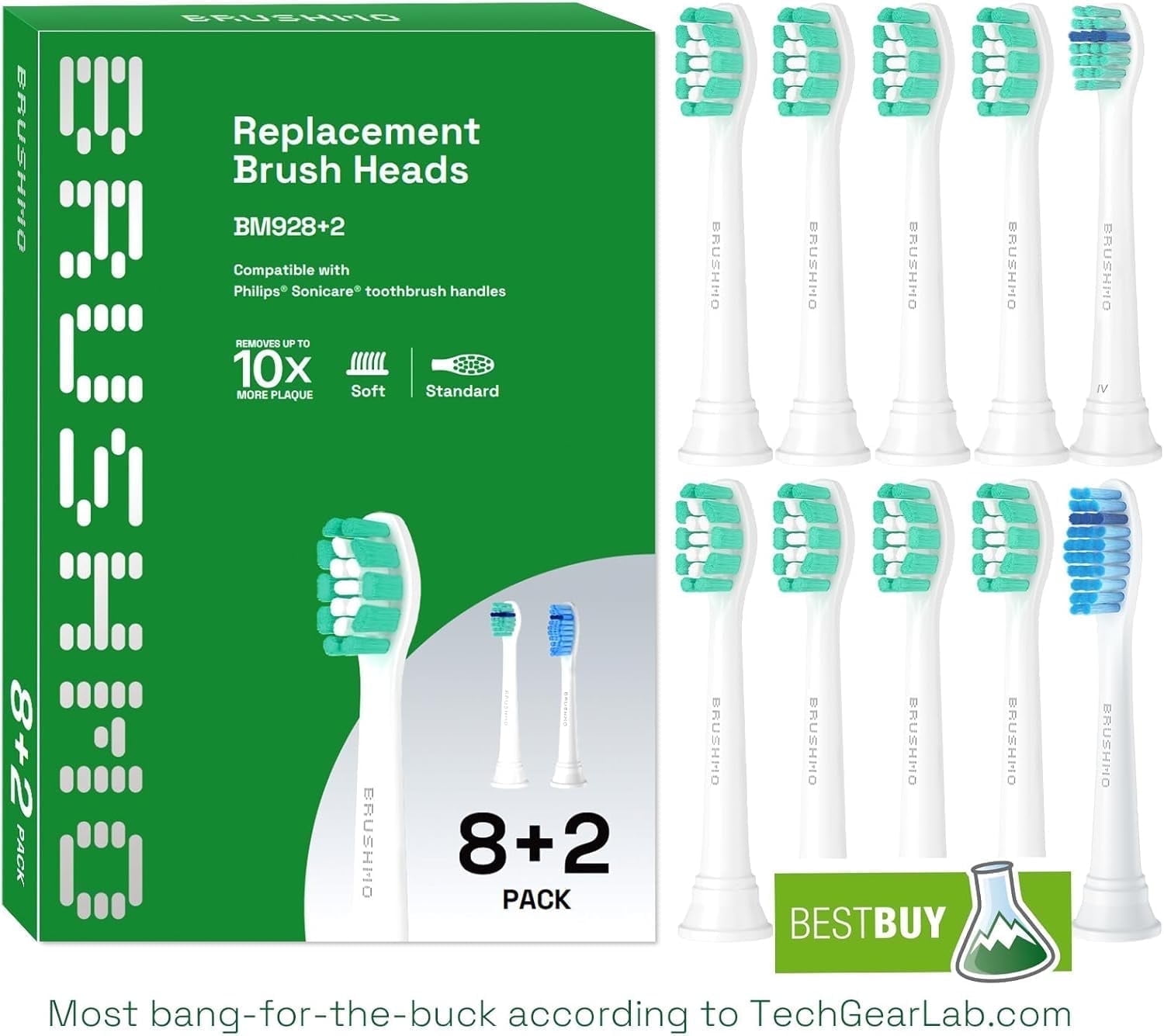Brushmo Variety Replacement Toothbrush Heads Compatible with Philips Sonicare Click-on Handles, 10 Variety Heads, BM928+2, White
