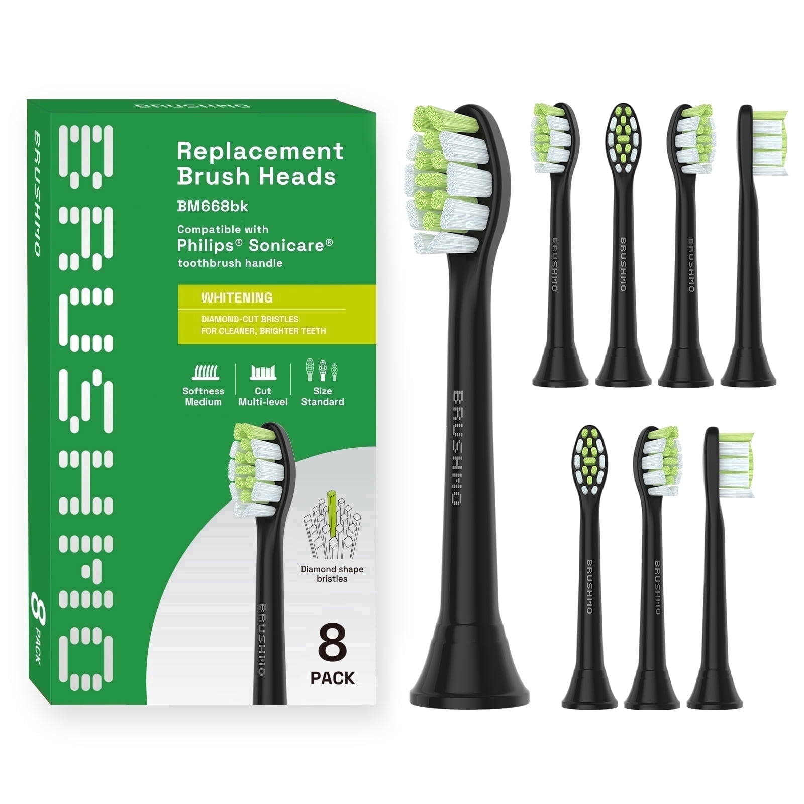 Brushmo Whitening Replacement Toothbrush Heads Compatible with Philips Sonicare Click-on Handles, Medium-Firm Diamond-Shaped DuPont Bristles, BM668BK, 8-Pack, B