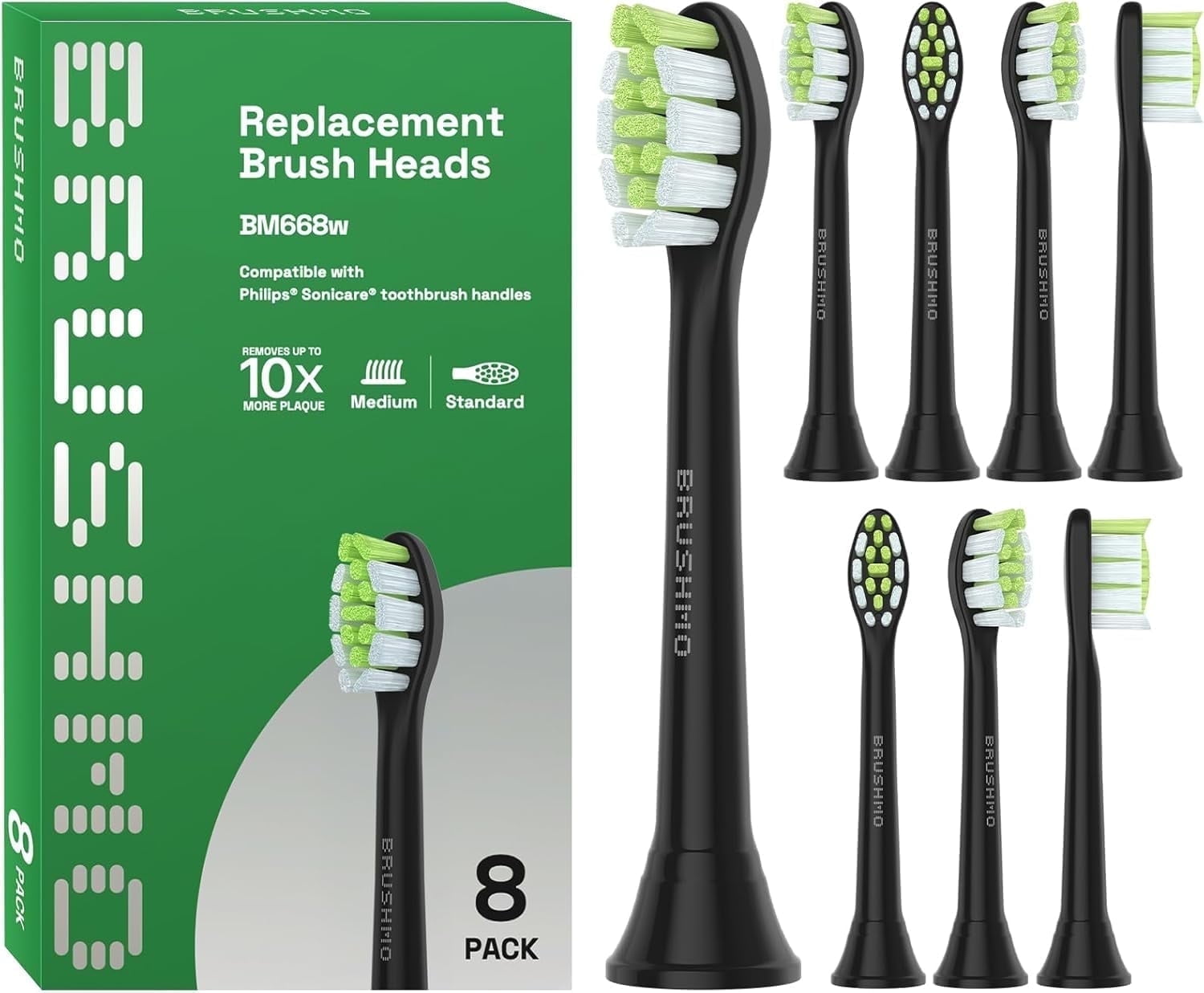 Brushmo Whitening Standard Replacement Toothbrush Heads, Compatible with Philips Sonicare Click-on Handles, Medium Firm Diamond-Shaped DuPont Bristles, BM668, 8 Pack, Black