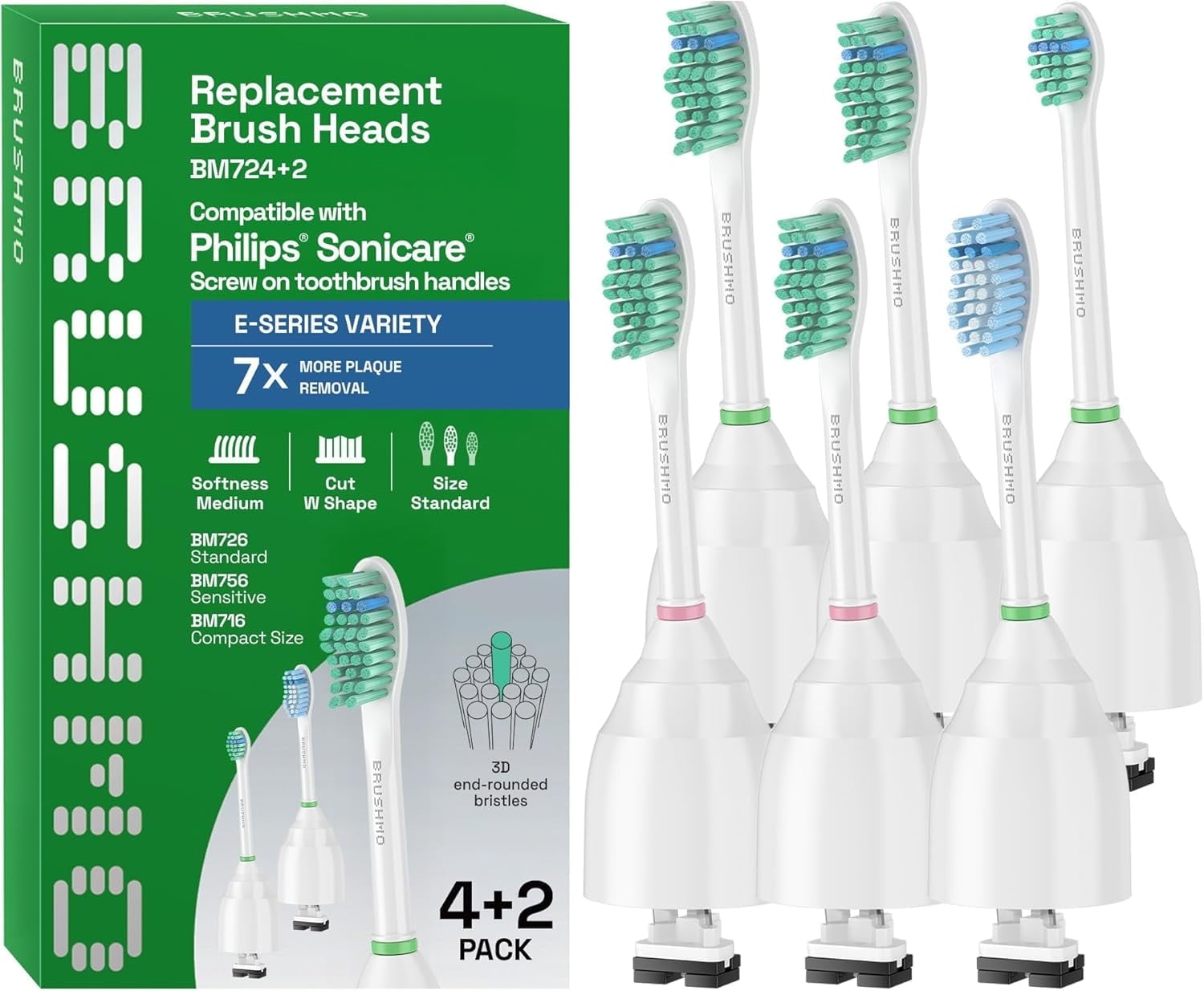 Brushmo e-Series Total Clean Variety Replacement Toothbrush Heads Compatible with Philips Sonicare Screw-on Handles, Medium-Firm Dupont Bristles, BM724+2, 6-Pack, White