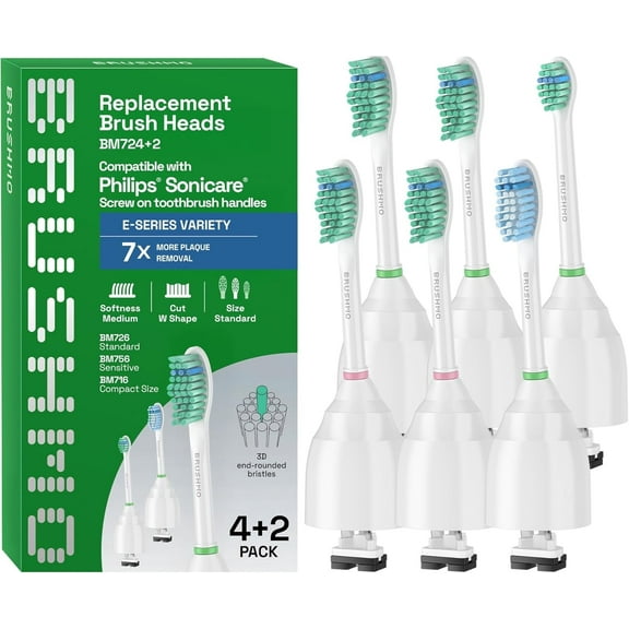 Brushmo e-Series Total Clean Variety Replacement Toothbrush Heads Compatible with Philips Sonicare Screw-on Handles, Medium-Firm Dupont Bristles, BM724 2, 6-Pack, White