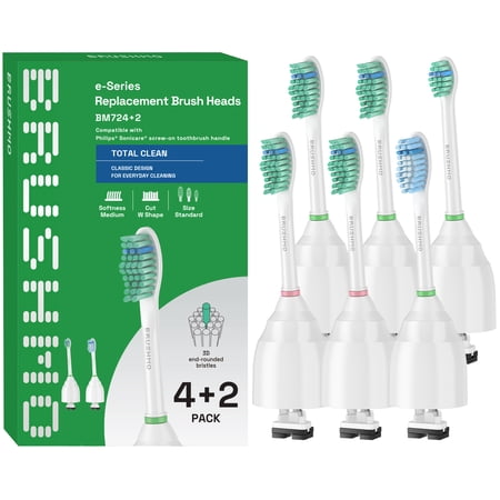 Brushmo e-Series Total Clean Variety Replacement Toothbrush Heads Compatible with Philips Sonicare Screw-on Handles, Medium-Firm Dupont Bristles, BM724+2, 6-Pack, White