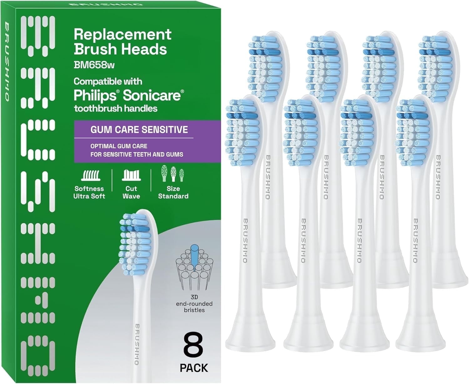 Brushmo Gum Care Sensitive Replacement Toothbrush Heads Compatible with Philips Sonicare Click-on Handles, Soft Bristles for Sensitive Teeth, BM658, 8-Pack, Whi