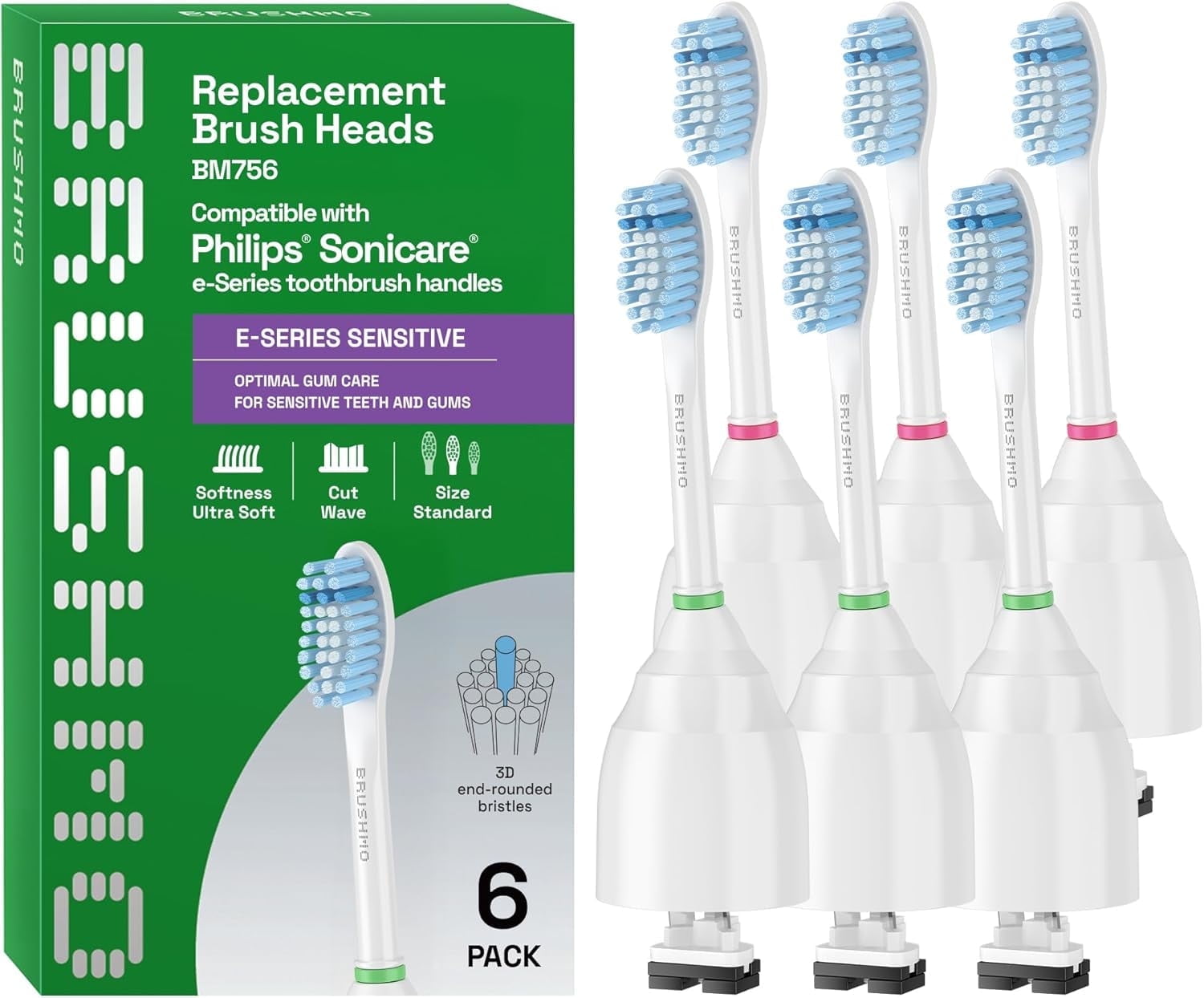 Brushmo e-Series Sensitive Replacement Toothbrush Heads Compatible with Philips Sonicare Screw-on Handles, Ultra-Soft Dupont Bristles, BM756, 6-Pack, White