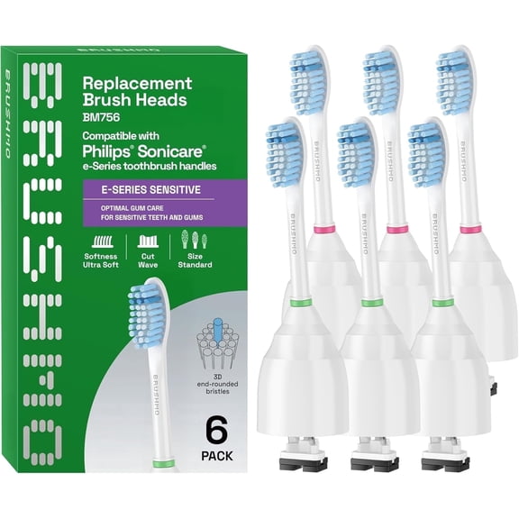 Brushmo e-Series Sensitive Replacement Toothbrush Heads Compatible with Philips Sonicare Screw-on Handles, Ultra-Soft Dupont Bristles, BM756, 6-Pack, White