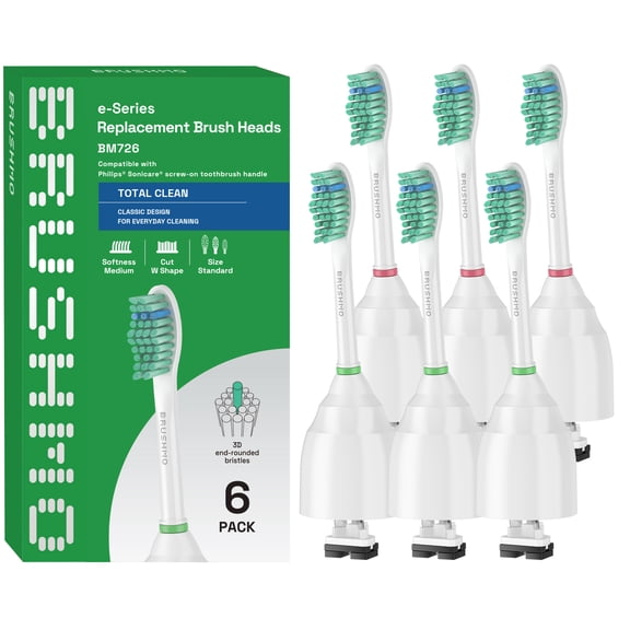 Brushmo e-Series Total Clean Replacement Toothbrush Heads Compatible with Philips Sonicare Screw-on Handles, Medium-Firm DuPont Bristles, BM726, 6-Pack, White
