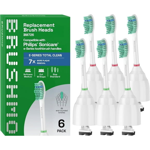 Brushmo e-Series Total Clean Replacement Toothbrush Heads Compatible with Philips Sonicare Screw-on Handles, Medium-Firm DuPont Bristles, BM726, 6-Pack, White