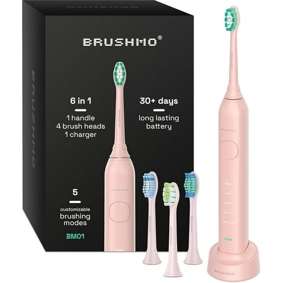 Brushmo Super Sonic Toothbrush, 5 Modes, Includes 4 Brush Heads, Charging Base, 2-minTimer, 30-Day Battery, Nova Pink
