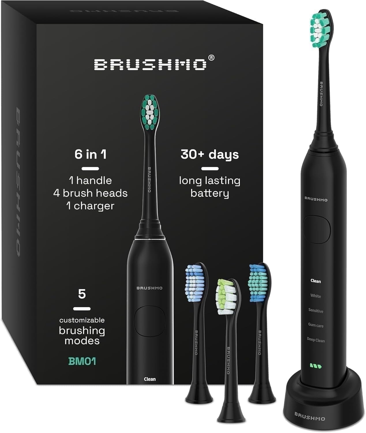 Brushmo Super Sonic Rechargeable Toothbrush, 5 Brushing Modes, Includes 4 Brush Heads, 2-min Timer, 30-Day Battery, Charging Base, Midnight Black