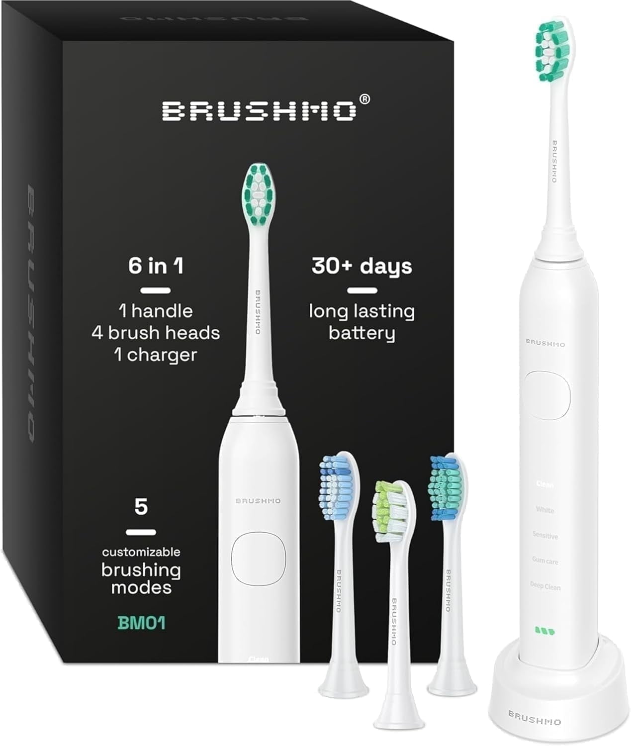 Brushmo Super Sonic Rechargeable Toothbrush, 5 Brushing Modes, Includes 4 Brush Heads, 2-min Timer, 30-Day Battery, Charging Base, Stellar White