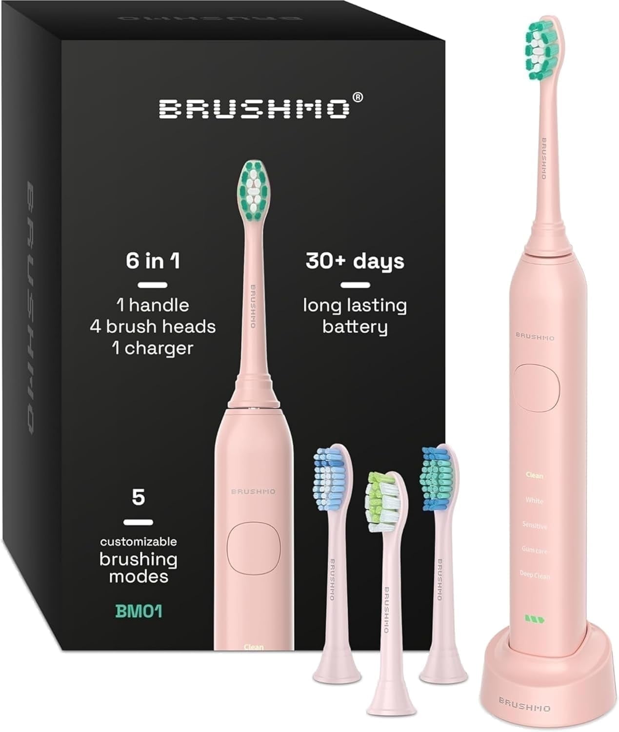 Brushmo Super Sonic Rechargeable Toothbrush, 5 Brushing Modes, Includes 4 Brush Heads, 2-min Timer, 30-Day Battery, Charging Base, Nova Pink
