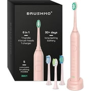 Brushmo Super Sonic Electric Toothbrush, Rechargeable Long Lasting 30 Day Battery with 5 Brush Modes, Timer, Includes 4 Brush Heads and Charging Base, Nova Pink
