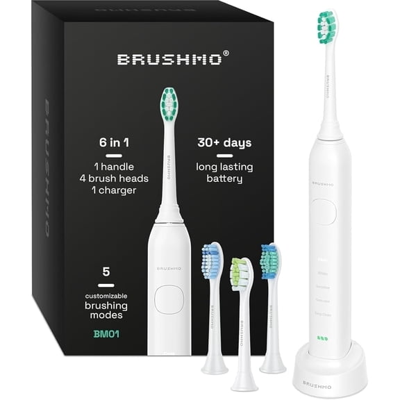 Brushmo Super Sonic Rechargeable Toothbrush, 5 Brushing Modes, Includes 4 Brush Heads, 2-min Timer, 30-Day Battery, Charging Base, Stellar White