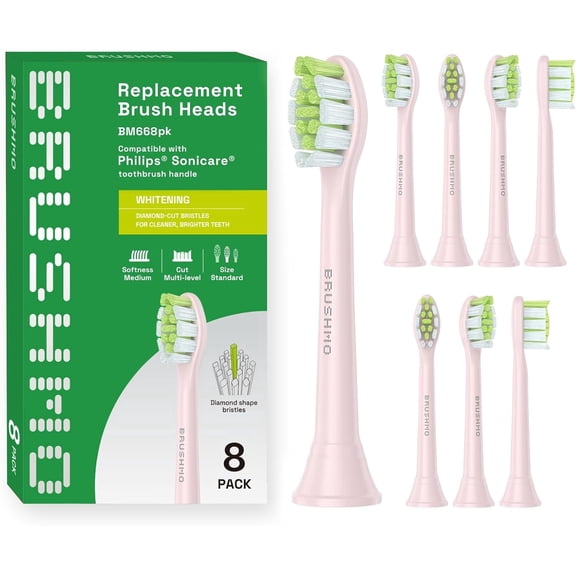 Brushmo Whitening Replacement Toothbrush Heads Compatible with Philips Sonicare Click-on Handles, Medium-Firm Diamond-Shaped DuPont Bristles, BM668PK, 8-Pack, Pink