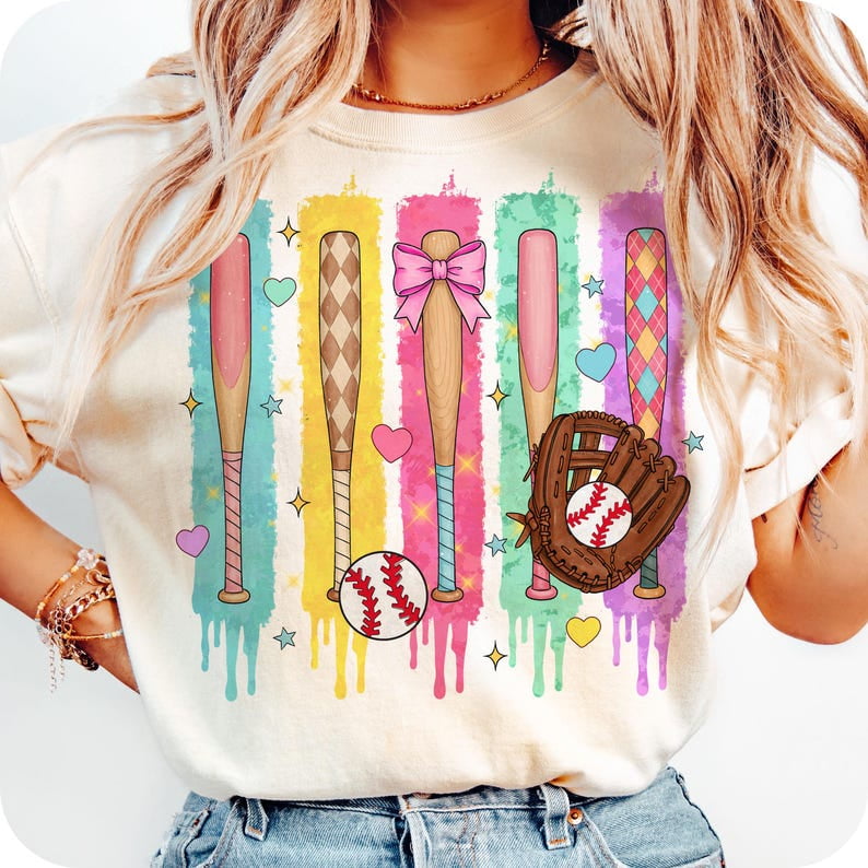 Brushstroke Baseball Drip T-Shirt, Coquette Baseball Shirt, Baseball Mama Tee, Game Day Baseball T-Shirt, Baseball Mom Bow Dripping Tee