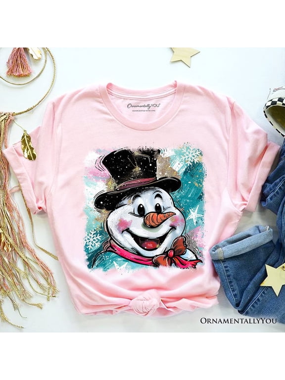 Brushstroke Cute Snowman T-Shirt, Preppy Merry Christmas Glitter Holiday Tee