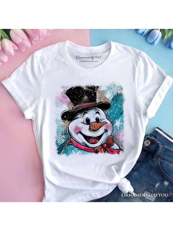 Brushstroke Cute Snowman T-Shirt, Preppy Merry Christmas Glitter Holiday Tee