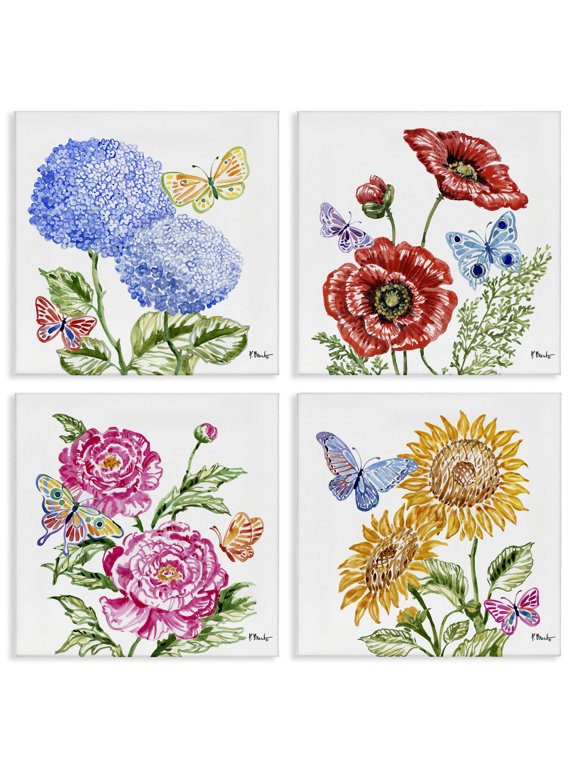 Industries Farmhouse Brushstroke Florals & Butterflies 4pc Canvas Set, 17 x 17 each, by Paul Brent