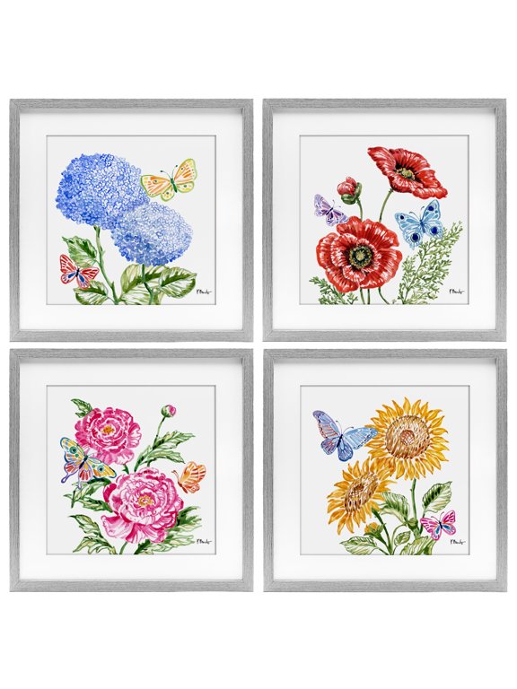 Industries Farmhouse Brushstroke Florals & Butterflies Gray 4pc Framed Print Under Glass Set, 16 x 16 each, by Paul Brent