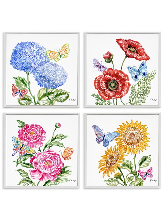 Industries Farmhouse Brushstroke Florals & Butterflies White 4pc Framed Giclee Set, 17 x 17 each, by Paul Brent