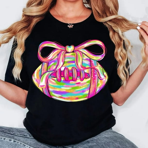 Brushstroke Football T-Shirt - Game Day Preppy Graphic Tee, Glitter Football Mama Shirt, Coquette Bow Design