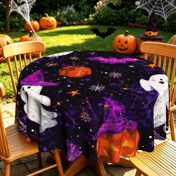 Brushstroke Halloween Purple Witch Hat Pumpkin Ghost Bat Pattern Round Tablecloth, Polyester, 35/50/60/70 inch, For Indoor Outdoor & Home Holiday Decor