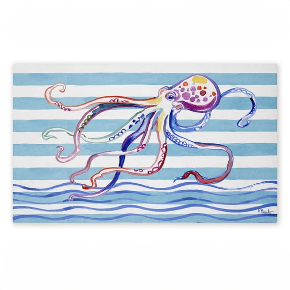 Brushstroke Octopus on Stripes Printed Outdoor Door Mat, design by Paul Brent, 18"x30"