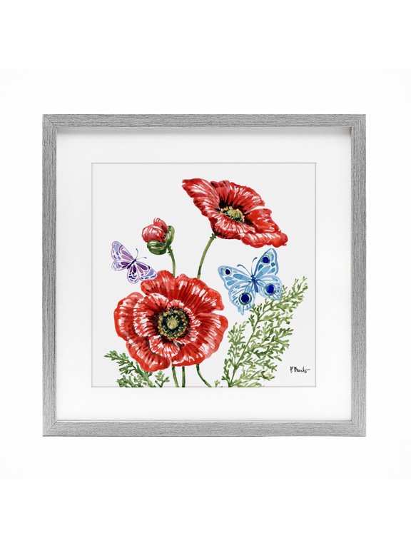 Industries Bohemian Brushstroke Poppies & Butterflies Gray Framed Print Under Glass, 13 x 13, by Paul Brent