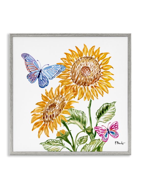 Industries Bohemian Brushstroke Sunflowers & Butterflies Gray Framed Giclee Art, 24 x 24, by Paul Brent