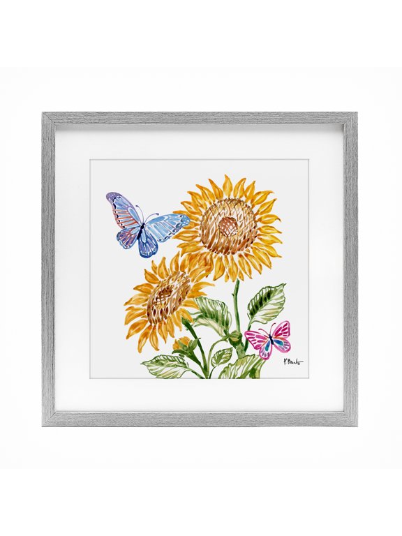 Industries Bohemian Brushstroke Sunflowers & Butterflies Gray Framed Print Under Glass, 16 x 16, by Paul Brent