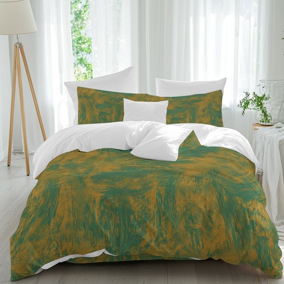 Brushstrokes Comforter Set California King Size, Abstract Vintage Green Yellow Oil Painting Texture Soft Bedding Set for Man Woman, 4 Pieces Duvet Cover Set with Flat Sheet, 2 Pillowcases