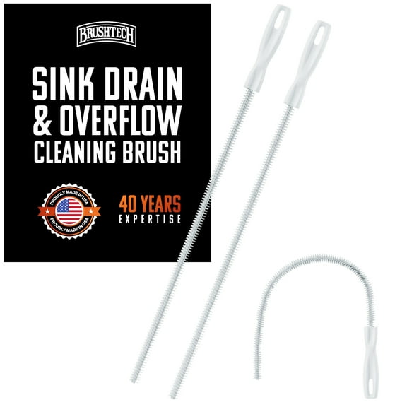 Brushtech Sink Drain & Overflow Cleaning Brush - Thin & Flexible Drain Cleaning Gadget for Clogs, Hair, & Debris - Long Pipe Brush for Kitchen & Bathroom Sink Maintenance - Made in USA (2-Pack)