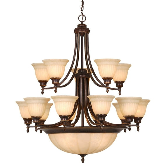 Brussels 15 Light 2-Tier Bronze Traditional Chandelier Amber Glass Shades