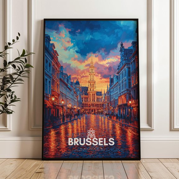 Brussels Grand Place Travel Print Vibrant Belgium Art, Unframed Canvas 16x20in