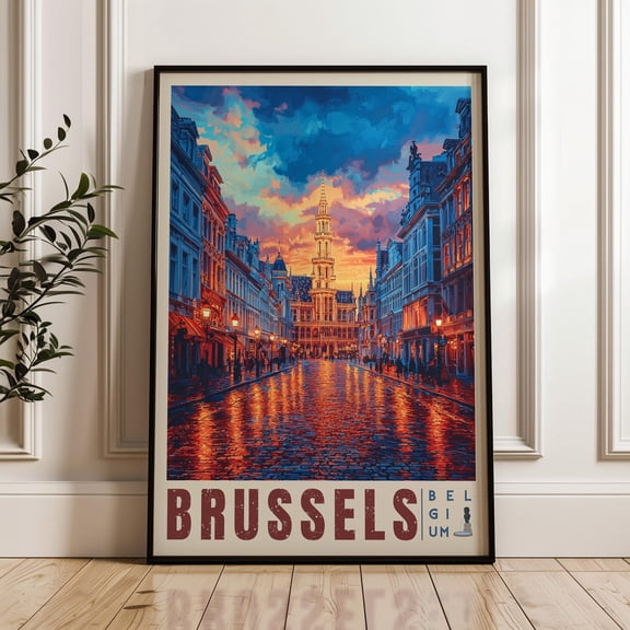Brussels Grand Place Travel Print, Vibrant Belgium Sunset Art, Unframed Paper Poster 8x10in