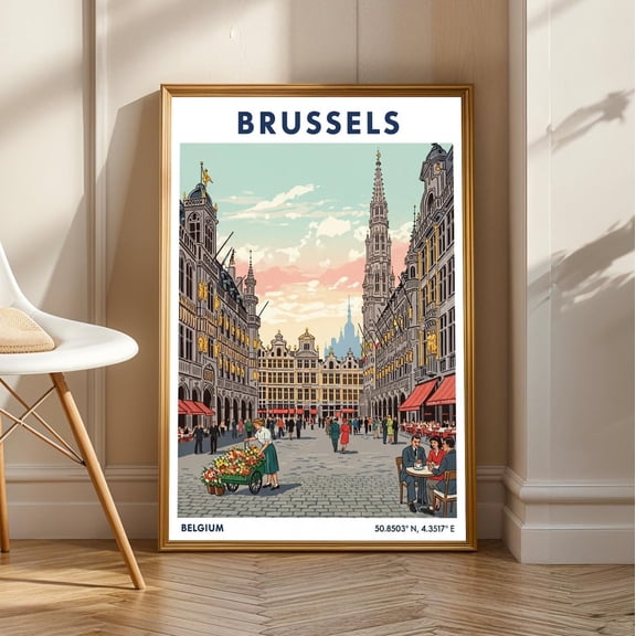 Brussels Grand Place Vintage Travel Poster: European Cityscape Art, Unframed Canvas Size 8x12