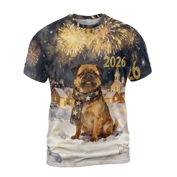 Brussels Griffon Happy New Year 2026 with Fireworks on New Year's Eve All Over Print 3D Shirt Unisex Merch Griff Dog Lover - 12022
