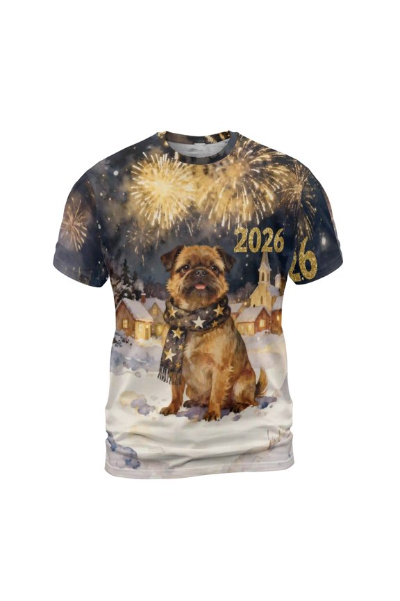 Brussels Griffon Happy New Year 2026 with Fireworks on New Year's Eve All Over Print 3D Shirt Unisex Merch Griff Dog Lover - 12022