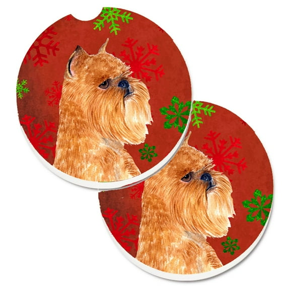Brussels Griffon Red and Green Snowflakes Holiday Christmas Set of 2 Cup Holder Car Coasters