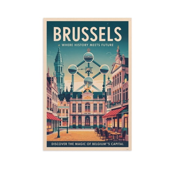 Brussels Retro Travel Poster Vintage Belgian City Tourism with Grand Place & Atomium Print Poster