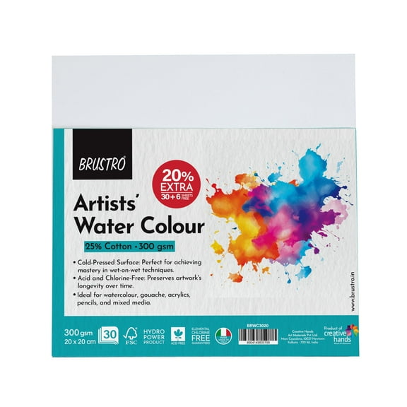 Brustro Watercolour Paper, 25% Cotton, 20 X 20 Cm, Cold Pressed 300 Gsm (Pack Of 30+6)