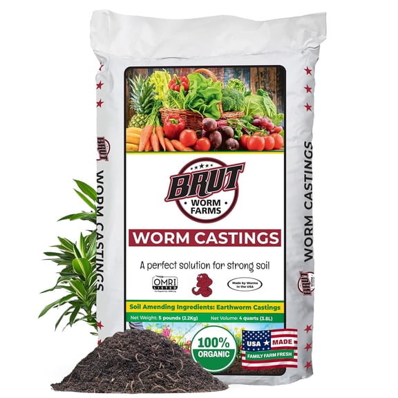 Brut Organic Worm Castings for Plants 5 LB Natural Nutrients, Fertility Builder, Plant Food for Potting Soil and Garden Soil Indoor and Outdoor Use